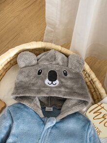 1件灰色可愛無尾熊灰藍印花刺繡新生兒舒適厚絨長袖長褲連身衣，適合秋冬穿著 - 彩色 - 查看 4
