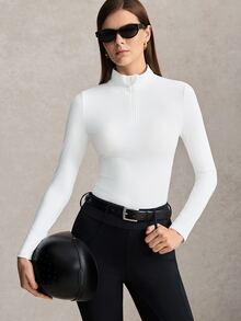 Activina 女款純色立領修身馬術上衣 親膚格紋紋理涼感面料休閒時尚長袖上衣 - 白色 - 查看 5