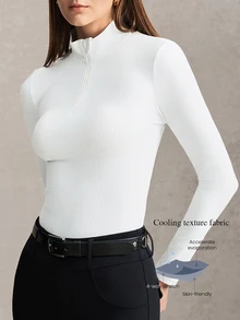 Activina 女款純色立領修身馬術上衣 親膚格紋紋理涼感面料休閒時尚長袖上衣 - 白色 - 查看 7
