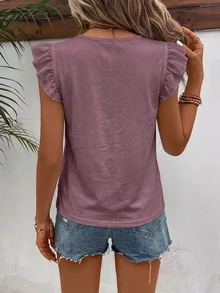 SHEIN Frenchy 100%純棉女款短袖T恤，波浪袖，芋紫色，適合夏季 - 紫色 - 查看 5