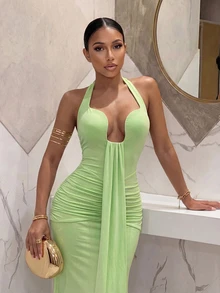 Slaydiva Nuevo vestido de verano elegante de escote profundo en forma de sirena, color amarillo, adecuado para fiestas, cumpleaños, bares, discotecas, San Valentín, Halloween, Navidad - Amarillo - Ver 4