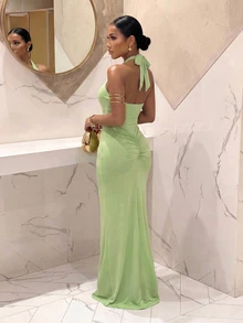 Slaydiva Nuevo vestido de verano elegante de escote profundo en forma de sirena, color amarillo, adecuado para fiestas, cumpleaños, bares, discotecas, San Valentín, Halloween, Navidad - Amarillo - Ver 3