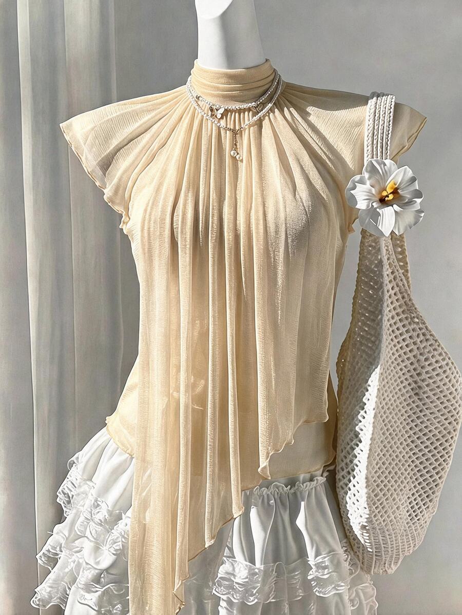 Soleia New Asymmetrical Romantic Ruffle Women's Top For Date, Afternoon Tea, Vacation, Music Festival, Beach, Boho, Fall Women, Vintage, Holiday - Apricot - View 1