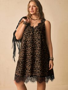 Freevana Women's Plus Size Lace Trim Brown Leopard Print Dress - Brown - View 8