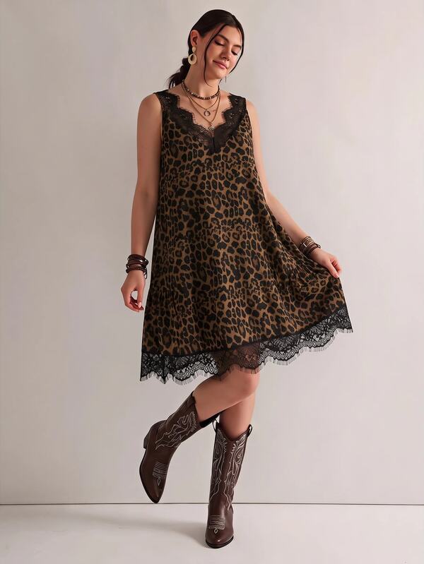 Freevana Women's Plus Size Lace Trim Brown Leopard Print Dress