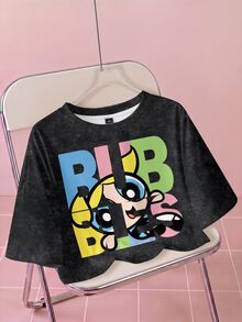 THE POWERPUFF GIRLS X SHEIN 大尺碼卡通印花圓領套頭落肩短版T恤，適合夏季 - 白色 - 查看 1