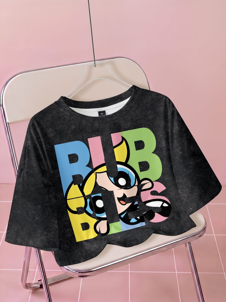 THE POWERPUFF GIRLS X SHEIN 大尺碼卡通印花圓領套頭落肩短版T恤，適合夏季 - 白色 - 查看 1