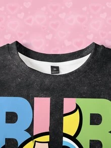 THE POWERPUFF GIRLS X SHEIN 大尺碼卡通印花圓領套頭落肩短版T恤，適合夏季 - 白色 - 查看 5