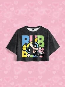 THE POWERPUFF GIRLS X SHEIN 大尺碼卡通印花圓領套頭落肩短版T恤，適合夏季 - 白色 - 查看 3