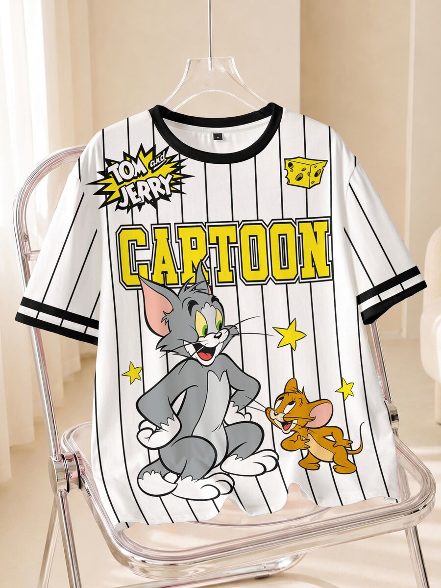 TOM & JERRY X SHEIN Men's Cute Cartoon Pattern Striped Print Colorblock Crew Neck T-Shirt - White - View 1