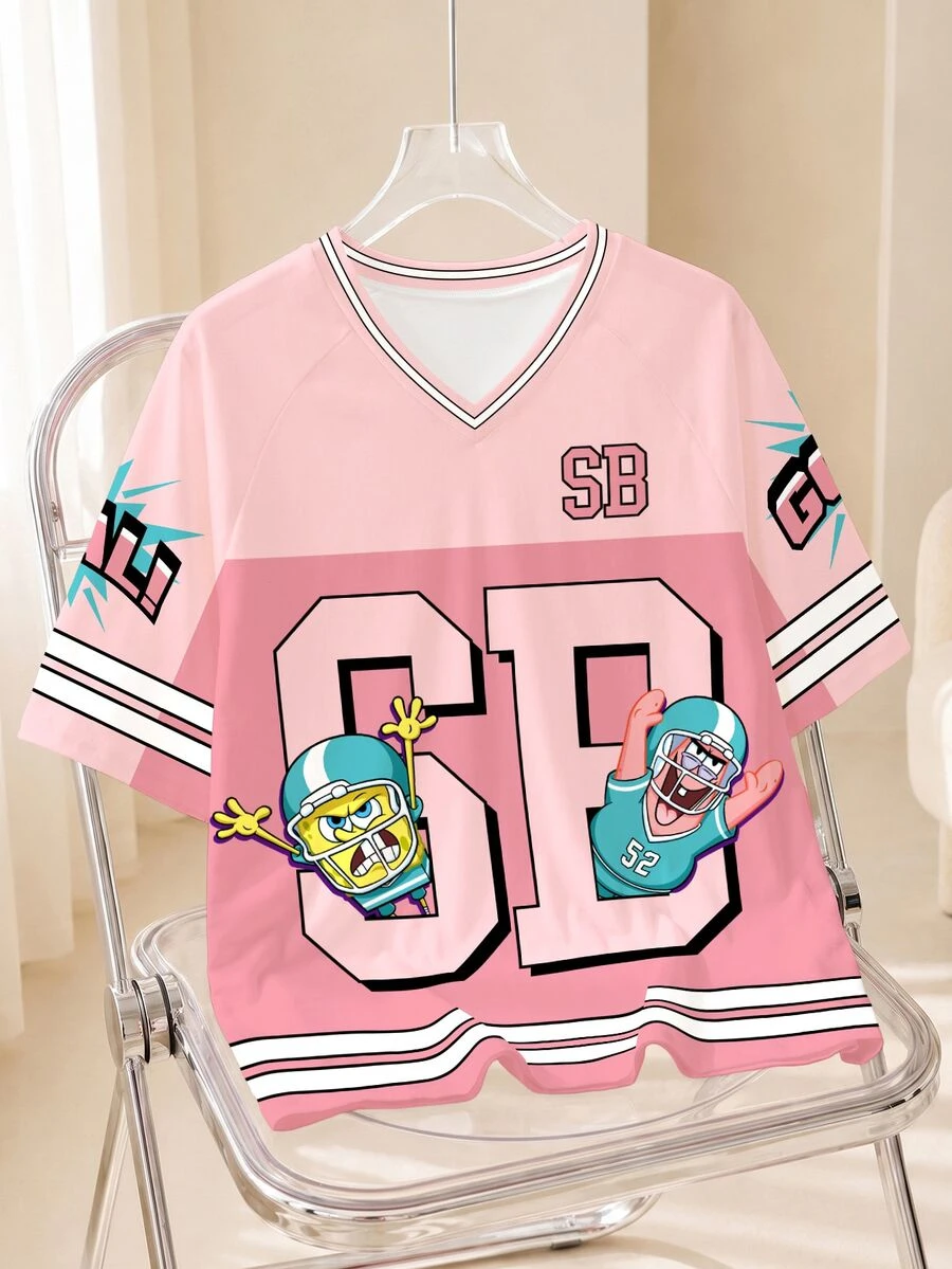 SpongeBob SquarePants | SHEIN تي شيرت رجالي صيفي كاجوال بتصميم كتل لونية ورقعات وطباعة أرقام كرتونية - أبيض - مشاهدة 1