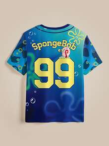 SpongeBob SquarePants | SHEIN Men's Cartoon Print Crew Neck Short Sleeve Casual T-Shirt - White - View 4