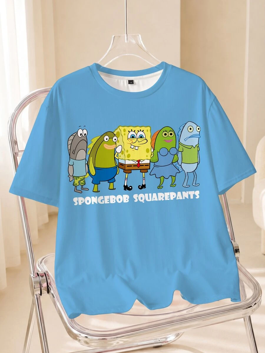 SpongeBob SquarePants | SHEIN Men's Letter Print Crew Neck Short Sleeve Casual Loose Fit T-Shirt - White - View 1