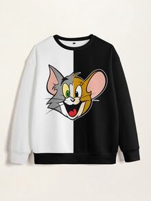 TOM & JERRY X SHEIN Men's Cartoon Print Crew Neck Long Sleeve Casual Pullover Sweatshirt - White - View 3