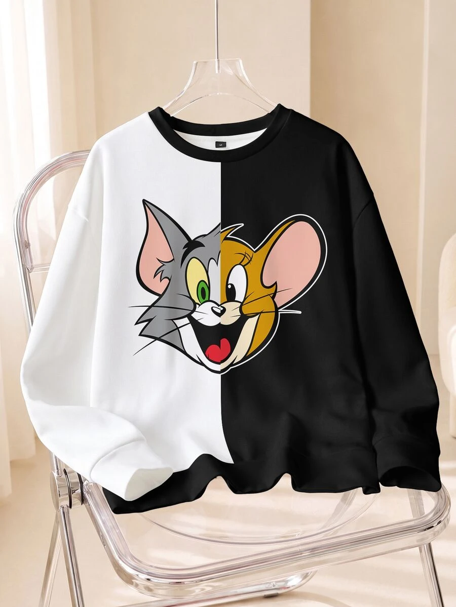 TOM & JERRY X SHEIN Men's Cartoon Print Crew Neck Long Sleeve Casual Pullover Sweatshirt - White - View 1