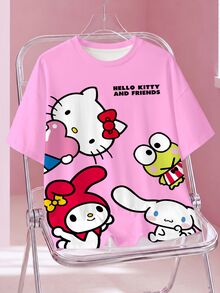 HELLO KITTY AND FRIENDS | SHEIN تي شيرت كاجوال صيفي بطبعة كرتونية مقاس كبير - أبيض - مشاهدة 1