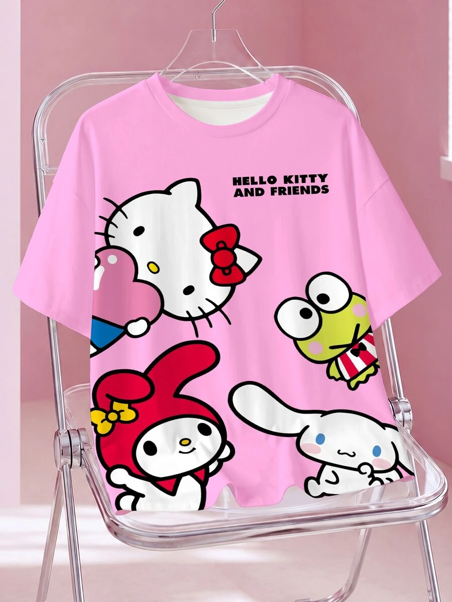 HELLO KITTY AND FRIENDS | SHEIN تي شيرت كاجوال صيفي بطبعة كرتونية مقاس كبير - أبيض - مشاهدة 1