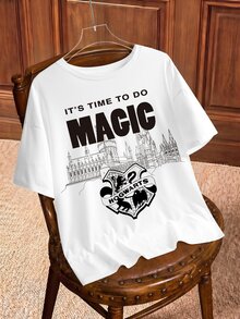 HARRY POTTER X SHEIN 大尺碼夏季休閒建築標語印花T恤 - 白色 - 查看 1