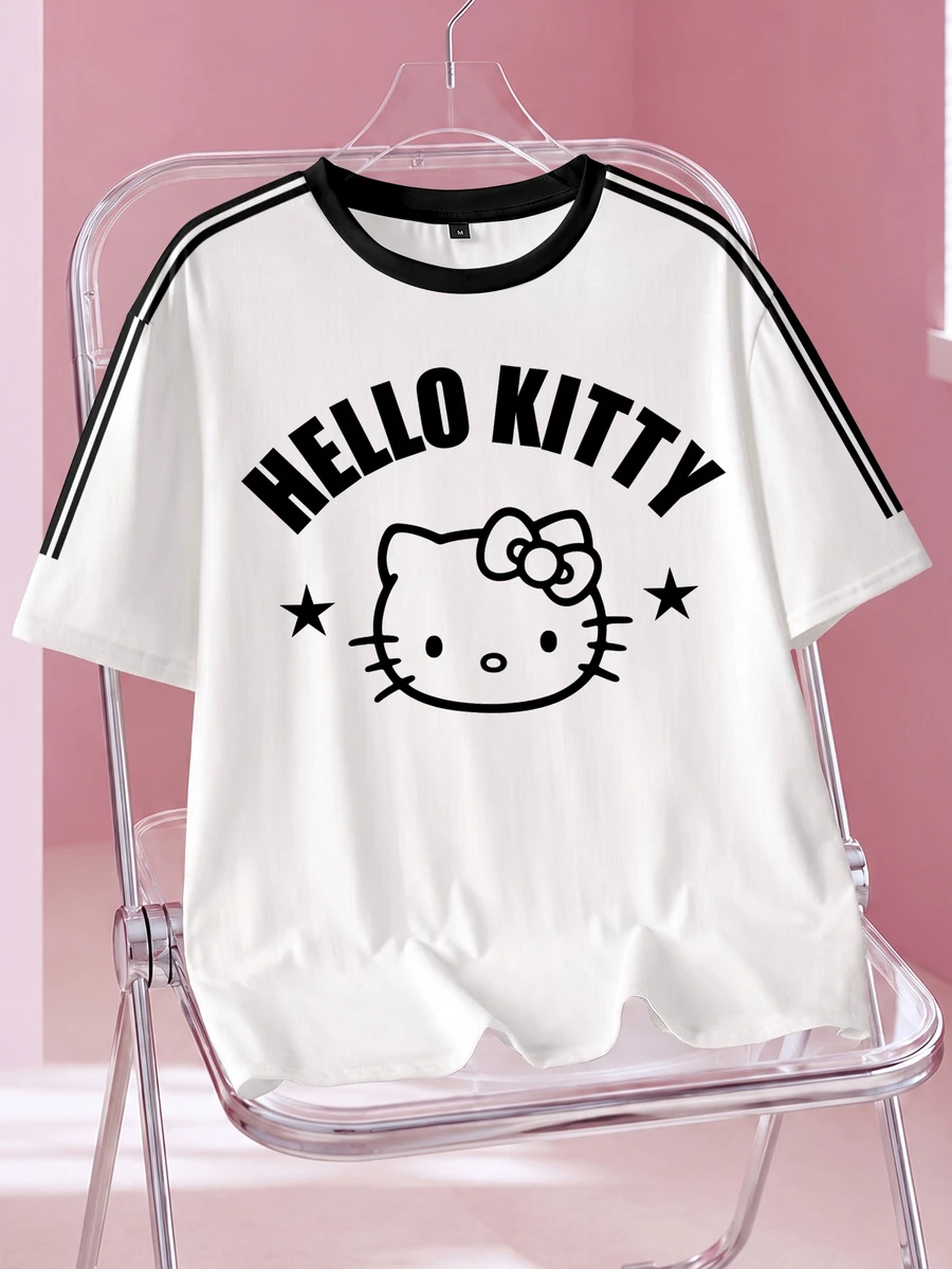 HELLO KITTY AND FRIENDS | SHEIN Men's Letter Cartoon Print Crew Neck Short Sleeve Casual T-Shirt - White - View 1