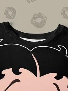 Betty Boop x SHEIN 大尺碼夏季休閒 Anti Social 卡通印花 T-shirt 正式度假風 黑色 - 白色 - 查看 5