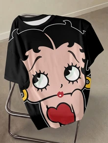 Betty Boop x SHEIN 大尺碼夏季休閒 Anti Social 卡通印花 T-shirt 正式度假風 黑色 - 白色 - 查看 1