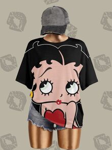 Betty Boop x SHEIN 大尺碼夏季休閒 Anti Social 卡通印花 T-shirt 正式度假風 黑色 - 白色 - 查看 3