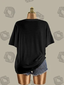 Betty Boop x SHEIN 大尺碼夏季休閒 Anti Social 卡通印花 T-shirt 正式度假風 黑色 - 白色 - 查看 4