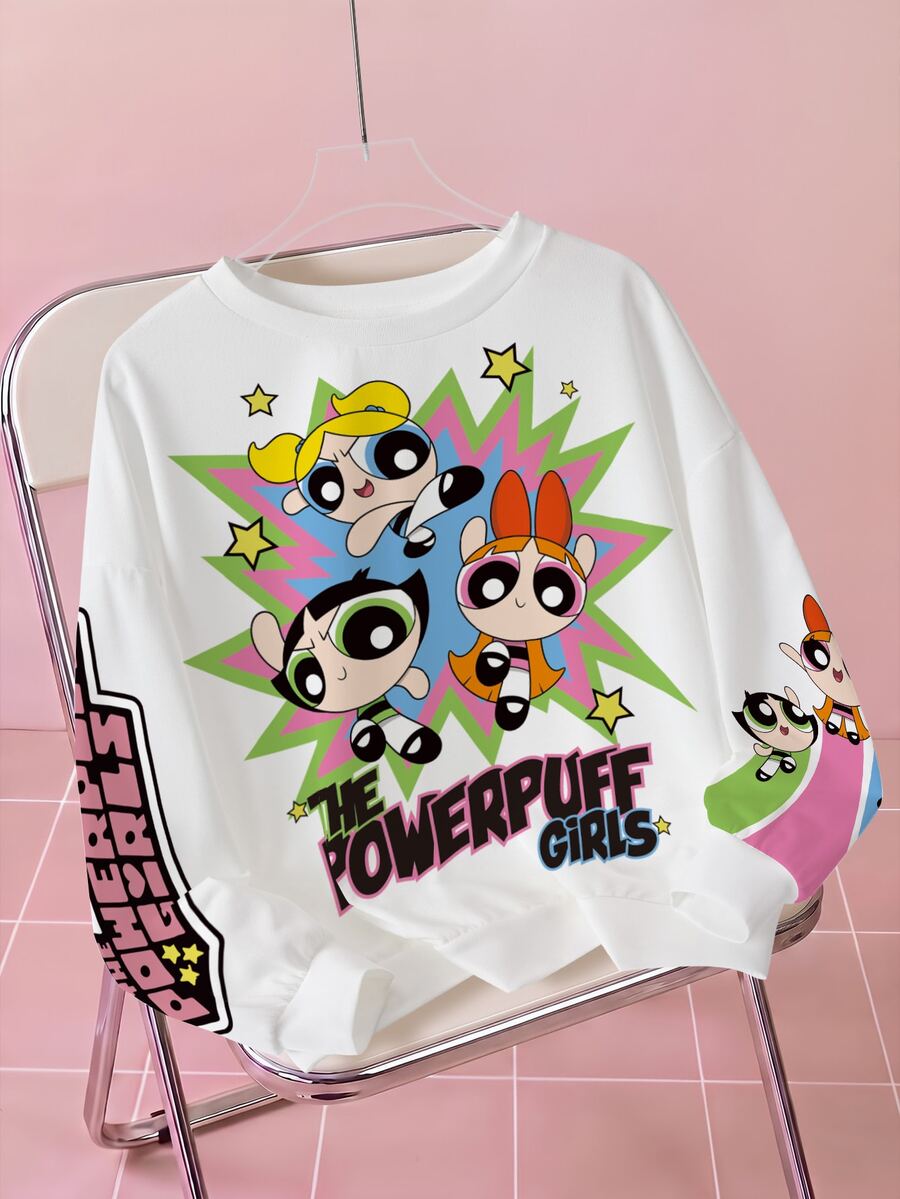 THE POWERPUFF GIRLS X SHEIN Plus Size Women's Letter Cartoon Graphic Round Neck Casual Cute Kawaii Daily Graduation Club Long Sleeve Sweatshirt White Winter - White - View 1