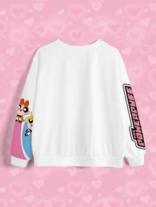 THE POWERPUFF GIRLS X SHEIN Plus Size Women's Letter Cartoon Graphic Round Neck Casual Cute Kawaii Daily Graduation Club Long Sleeve Sweatshirt White Winter - White - View 4