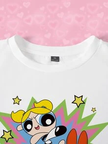 THE POWERPUFF GIRLS X SHEIN Plus Size Women's Letter Cartoon Graphic Round Neck Casual Cute Kawaii Daily Graduation Club Long Sleeve Sweatshirt White Winter - White - View 5