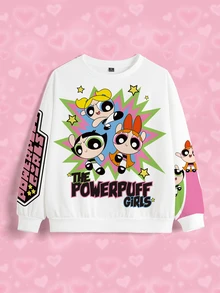 THE POWERPUFF GIRLS X SHEIN Plus Size Women's Letter Cartoon Graphic Round Neck Casual Cute Kawaii Daily Graduation Club Long Sleeve Sweatshirt White Winter - White - View 3