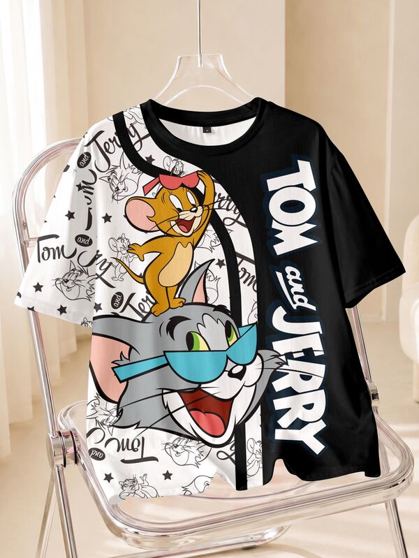 TOM & JERRY X SHEIN Men's Cartoon Print Crew Neck Short Sleeve Casual T-Shirt
