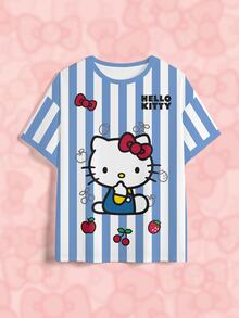 HELLO KITTY AND FRIENDS | SHEIN Kaos Ukuran Besar Kasual Musim Panas Motif Garis Kartun - Putih - View 3