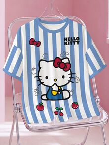 HELLO KITTY AND FRIENDS | SHEIN Kaos Ukuran Besar Kasual Musim Panas Motif Garis Kartun - Putih - View 1