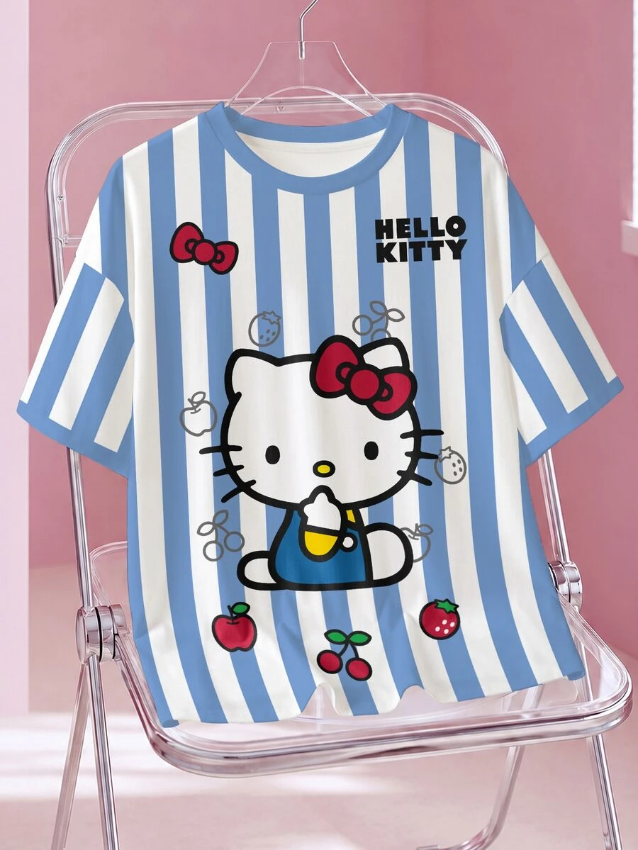 HELLO KITTY AND FRIENDS | SHEIN Kaos Ukuran Besar Kasual Musim Panas Motif Garis Kartun - Putih - View 1