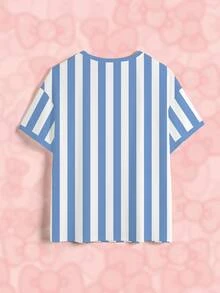 HELLO KITTY AND FRIENDS | SHEIN Kaos Ukuran Besar Kasual Musim Panas Motif Garis Kartun - Putih - View 4