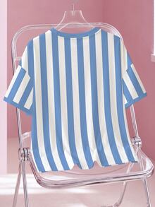 HELLO KITTY AND FRIENDS | SHEIN Kaos Ukuran Besar Kasual Musim Panas Motif Garis Kartun - Putih - View 2