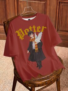 HARRY POTTER X SHEIN Women's Summer Casual Streetwear Cartoon Print T-Shirt School Dark Red - White - View 1
