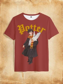 HARRY POTTER X SHEIN Women's Summer Casual Streetwear Cartoon Print T-Shirt School Dark Red - White - View 3