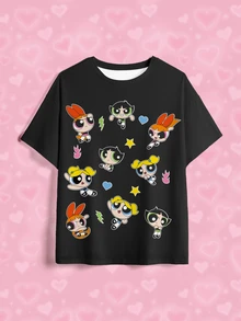 THE POWERPUFF GIRLS X SHEIN 大尺碼女款圓領卡通印花休閒寬鬆日常夏季T恤 正式晚裝黑色 - 白色 - 查看 3