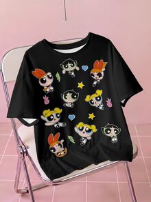 THE POWERPUFF GIRLS X SHEIN 大尺碼女款圓領卡通印花休閒寬鬆日常夏季T恤 正式晚裝黑色 - 白色 - 查看 1