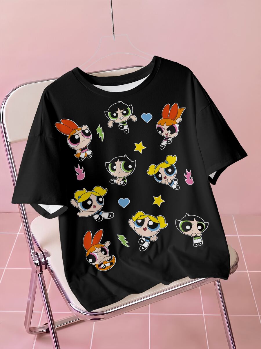 THE POWERPUFF GIRLS X SHEIN 大尺碼女款圓領卡通印花休閒寬鬆日常夏季T恤 正式晚裝黑色 - 白色 - 查看 1