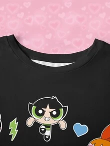 THE POWERPUFF GIRLS X SHEIN 大尺碼女款圓領卡通印花休閒寬鬆日常夏季T恤 正式晚裝黑色 - 白色 - 查看 5