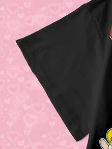 THE POWERPUFF GIRLS X SHEIN 大尺碼女款圓領卡通印花休閒寬鬆日常夏季T恤 正式晚裝黑色 - 白色 - 查看 6