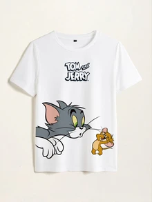 TOM & JERRY X SHEIN 卡通與字母圖案短袖T恤 - 白色 - 查看 3