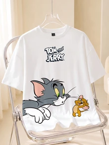 TOM & JERRY X SHEIN 卡通與字母圖案短袖T恤 - 白色 - 查看 1