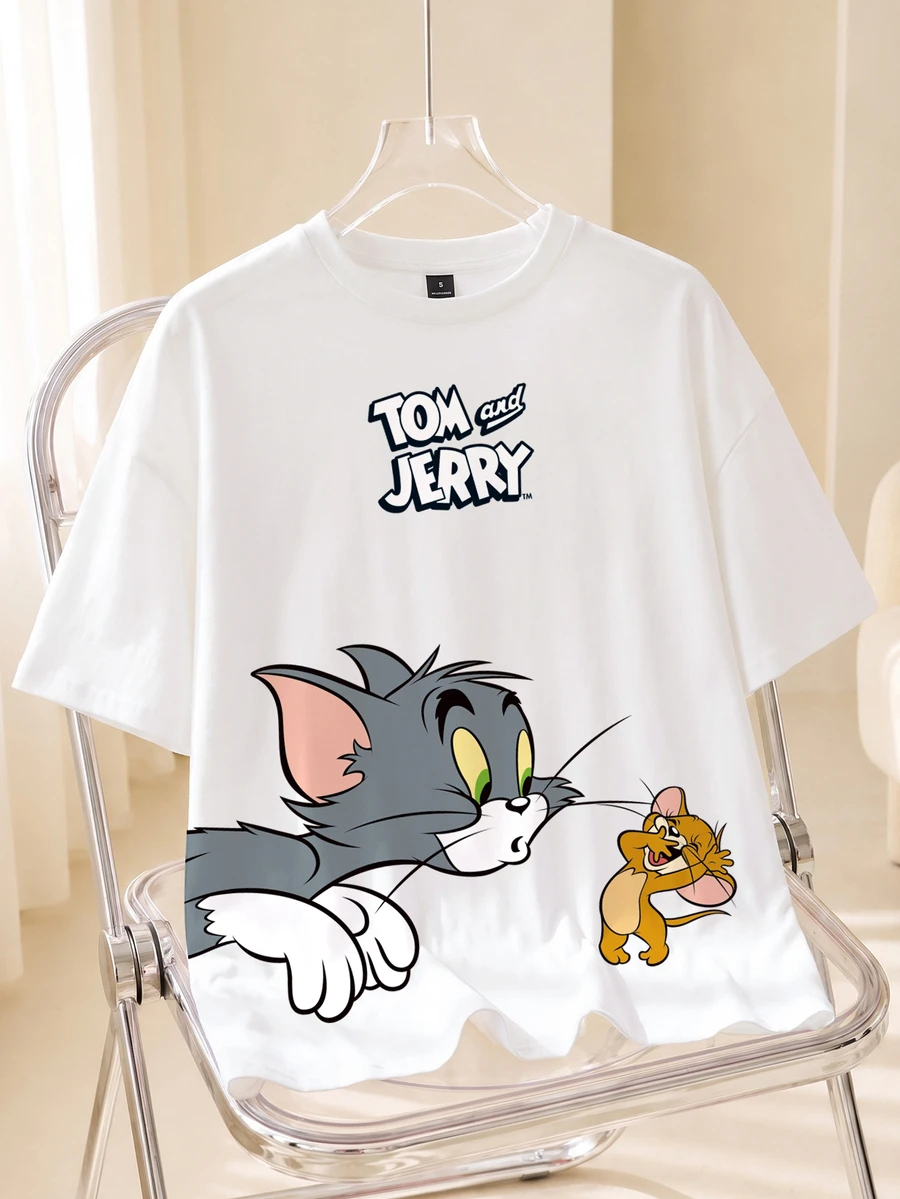 TOM & JERRY X SHEIN 卡通與字母圖案短袖T恤 - 白色 - 查看 1