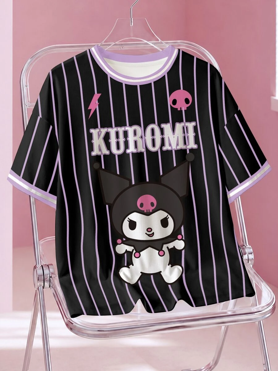 HELLO KITTY AND FRIENDS | SHEIN 大尺碼卡通圖案條紋印花短袖圓領T恤 - 白色 - 查看 1