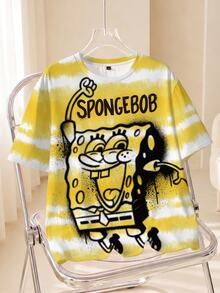 SpongeBob SquarePants | SHEIN 男士卡通印花圓領短袖休閒T恤 - 白色 - 查看 1