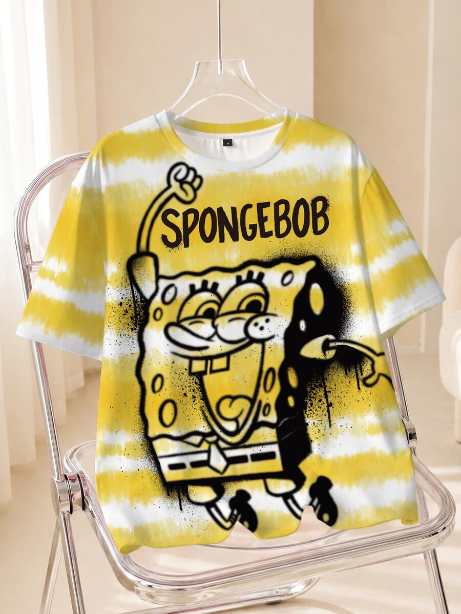 SpongeBob SquarePants | SHEIN 男士卡通印花圓領短袖休閒T恤 - 白色 - 查看 1